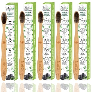 mini storify - natural amp organic bamboo wooden toothbrush for adults - pack of 5 - wood tooth brushes for teeth with activated charcoal and biodegradable handlesoft bristleseco-friendlybpa free