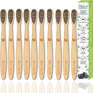 mini storify - natural amp organic bamboo wooden toothbrush for kids - pack of 10 - wood tooth brushes for teeth with activated charcoal and biodegradable handlesoft bristleseco-friendlybpa free