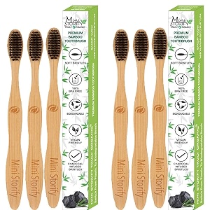 mini storify - natural amp organic bamboo wooden toothbrush for adults - pack of 6 - wood tooth brushes for teeth with activated charcoal and biodegradable handlesoft bristleseco-friendlybpa free