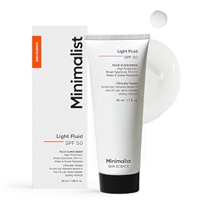 minimalist light fluid sunscreen spf 50 for oily skin pa  clinically tested in us no white cast  broad spectrum  lightweight water amp sweat resistant  for women amp men  50ml