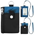 Minimalist Small Wallet for Men Women with 2 Zip Pockets, Multi Functional ID Case with Keychain and Card Holder, Coin Purse Badge Lanyard Pouch for Boys Girls Travel -Black+Blue