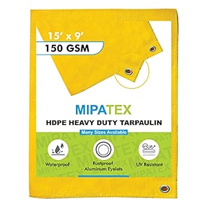 mipatex tarpaulin sheet waterproof heavy duty 5ft x 6ft poly tarp with aluminium eyelets every 3 feet - multipurpose 150 gsm plastic cover for truck roof rain outdoor or sun yellow