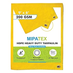 mipatex tarpaulin sheet waterproof heavy duty 5ft x 9ft poly tarp with aluminium eyelets every 3 feet - multipurpose 200 gsm plastic cover for truck home roof rain outdoor or sun yellow