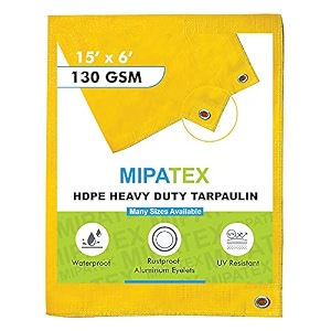mipatex tarpaulin sheet waterproof heavy duty 15ft x 6ft poly tarp with aluminium eyelets every 3 feet - multipurpose 130 gsm plastic cover for truck home roof rain outdoor or sun yellow