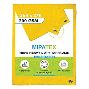 mipatex tarpaulin sheet waterproof heavy duty 6ft x 6ft poly tarp with aluminium eyelets every 3 feet - multipurpose 200 gsm plastic cover for truck roof rain outdoor or sun yellow