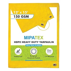 mipatex tarpaulin sheet waterproof heavy duty 5ft x 6ft poly tarp with aluminium eyelets every 3 feet - multipurpose 150 gsm plastic cover for truck roof rain outdoor or sun yellow