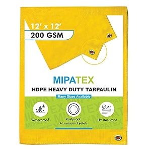 mipatex tarpaulin sheet waterproof heavy duty 6ft x 6ft poly tarp with aluminium eyelets every 3 feet - multipurpose 200 gsm plastic cover for truck roof rain outdoor or sun yellow