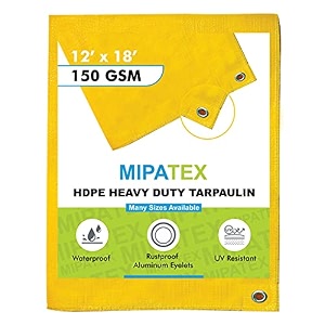 mipatex tarpaulin sheet waterproof heavy duty 5ft x 6ft poly tarp with aluminium eyelets every 3 feet - multipurpose 150 gsm plastic cover for truck roof rain outdoor or sun yellow