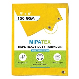 mipatex tarpaulin sheet waterproof heavy duty 5ft x 6ft poly tarp with aluminium eyelets every 3 feet - multipurpose 150 gsm plastic cover for truck roof rain outdoor or sun yellow