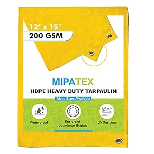 mipatex tarpaulin sheet waterproof heavy duty 12ft x 15ft poly tarp with aluminium eyelets every 3 feet - multipurpose 200 gsm plastic cover for truck home roof rain outdoor or sun yellow