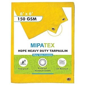 mipatex tarpaulin sheet waterproof heavy duty 5ft x 6ft poly tarp with aluminium eyelets every 3 feet - multipurpose 150 gsm plastic cover for truck roof rain outdoor or sun yellow