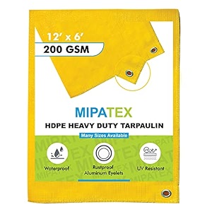 mipatex tarpaulin sheet waterproof heavy duty 5ft x 12ft poly tarp with aluminium eyelets every 3 feet - multipurpose 200 gsm plastic cover for truck home roof rain outdoor or sun yellow