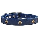 Mirage Pet Products Bronze Fleur De Lis Widget Leather Dog Collar, Size 10, Blue