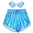 Mirawise Girls Metallic Shorts Shiny Hot Pants Sparkly Dance Outfits Short Pants with Sunglasses