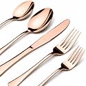 Mirror Polished Rose Gold 5 Pcs Stainless Steel Cutlery Set for Dining Table, Dishwasher Safe Glossy Flatware (5 Spoon Set + 5 Forks Set + 5 Butter Knife + 5 Dessert Spoon + 5 Fruit Fork)