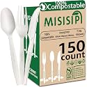 MISISIPI 150-Count Compostable Utensils Set - Heavy Duty BPI Certified, Plastic-Free Disposable Forks, Spoons, Knives for BBQ, Camping, Events, Plant-Based Cutlery