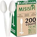 MISISIPI 200Count 100% Compostable Spoons Biodegradable Spoon HeavyDuty No Plastic Spoons Eco-friendly HeavyWeight Disposable Spoon Tableware Set for Lounge,Party,BBQ,Cafeteria,Wedding,Picnic