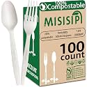 MISISIPI [7.1In 100Pcs] 100% Compostable Forks and Spoons Biodegradable Forks and Spoons HeavyDuty No Plastic Fork and Spoon Eco-friendly HeavyWeight Disposable Forks and Spoon Flatware Set