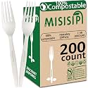 MISISIPI [7.1In 200Pcs] 100% Compostable Forks Biodegradable Forks HeavyDuty No Plastic Forks Eco-friendly HeavyWeight Disposable Forks Tableware Set for Lounge,Party,BBQ,Cafeteria,Wedding,Picnic