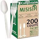MISISIPI [7In 200Pcs] 100% Compostable Forks and Spoons Utensils Cutlery Silverware Heavyduty Eco-friendly Disposable Plastic free Forks and Spoons Utensils Cutlery Silverware for Party BBQ Lounge