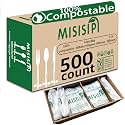 MISISIPI Compostable Forks Spoons Knives Silverware Utensil set Extra Heavyduty Eco-friendly BPI Certified Disposable Plastic free Utensils Cutlery Set Flatware Tableware (Cutlery Set-500)