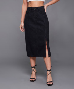 Miss Chase Solid Women Straight Black Skirt
