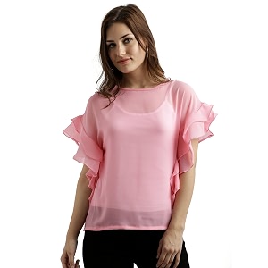 Miss Chase Womens Loose Fit Sheer Ruffled
