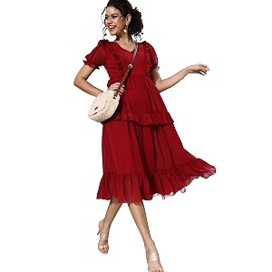 Miss Chase Womens Maroon V-Neck Puff Sleeve