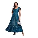 Miss Chase Women's Round Neck Sleeve Embellished Fit Flare Maxi Dress