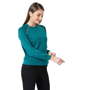 Miss Chase Womens Turquoise Solid Cotton Sweatshirt