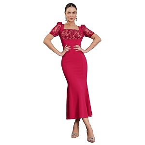miss chase womens bodycon square puff sleeve solid lace overlaid ankle length dress