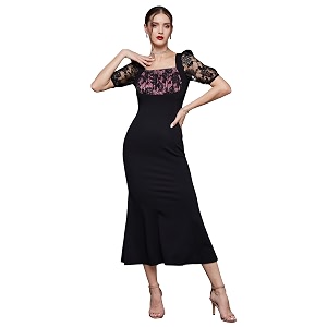 miss chase womens bodycon square puff sleeve solid lace overlaid ankle length dress