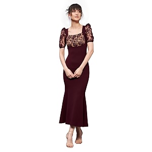 miss chase womens bodycon square puff sleeve solid lace overlaid ankle length dress