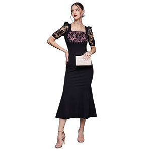 miss chase womens bodycon square puff sleeve solid lace overlaid ankle length dress