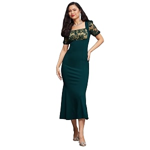 miss chase womens bodycon square puff sleeve solid lace overlaid ankle length dress