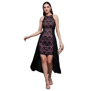 miss chase womens bodycon square puff sleeve solid lace overlaid ankle length dress