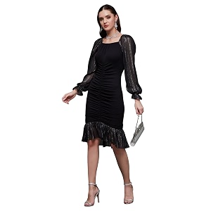 miss chase womens bodycon square puff sleeve solid lace overlaid ankle length dress