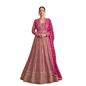 Miss Ethnik Womens Pink Chinon Stitched Gown