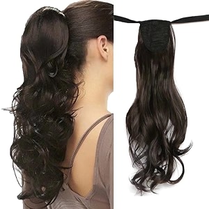 22inch long curly ponytail bind belt type hair extension hair wavy on heat resistant wrap around ponytail hairpiece layered synthetic hairpiece for women for daily use brown ponytail