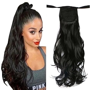 22inch long curly ponytail bind belt type hair extension hair wavy on heat resistant wrap around ponytail hairpiece layered synthetic hairpiece for women for daily use black-ponytail