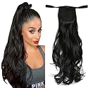 22inch Long Curly Ponytail Bind Belt Type Hair Extension Hair Wavy On Heat Resistant Wrap Around Ponytail Hairpiece, Layered Synthetic Hairpiece for Women for Daily Use (Black-Ponytail)