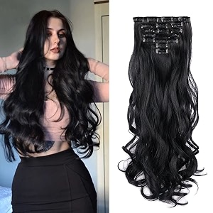 7 pcs full head clip in hair extensions 2434 long curly synthetic thick hair extension wavy hairpiece for women girls black