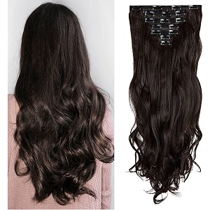 7 pcs full head clip in hair extensions 2434 long curly synthetic thick hair extension wavy hairpiece for women girls brown
