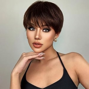 short pixie cut cute boy cut brown wigs for women synthetic hair natural looking with bangs daily party wigs 150 gram  02 wig cap free
