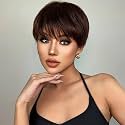 Short Pixie Cut Cute Boy Cut Brown Wigs for Women Synthetic Hair Natural Looking With Bangs Daily Party Wigs, 150 Gram + 02 Wig Cap Free