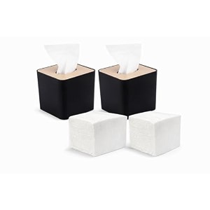 mdn mist square black facial tissue dispenser with wooden top set of 2 - includes 4 tissue packets  durable plastic tissue holder for bathroom vanity desk amp table  for square facial tissues