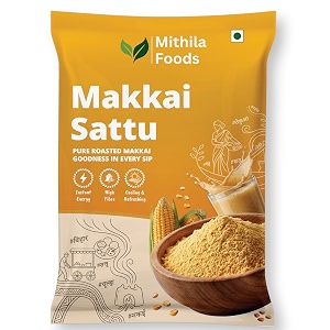mithila foods makkai sattu 500g  roasted maize corn makai sattu powder  naturally gluten-free makka corn flour  high fibre energy mix instant cooling summer drink  authentic taste of bihar