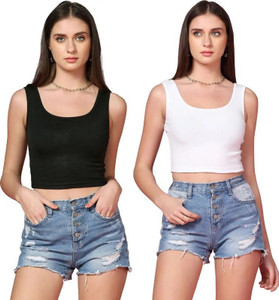 MITSURU Casual Solid Women Black White Top