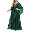 Miusol Women's Deep-V Neck Lace Contrast Sequin Formal Evening Maxi Dress