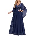 Miusol Women's Deep-V Neck Lace Contrast Sequin Formal Evening Maxi Dress